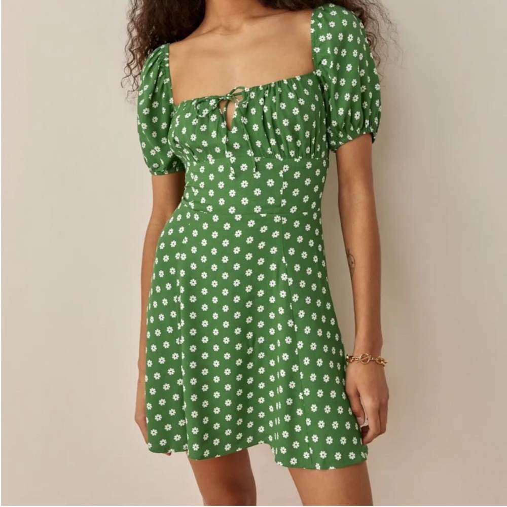 Reformation Corbin Green Floral Puff Sleeve MiniDress size 2 EUC